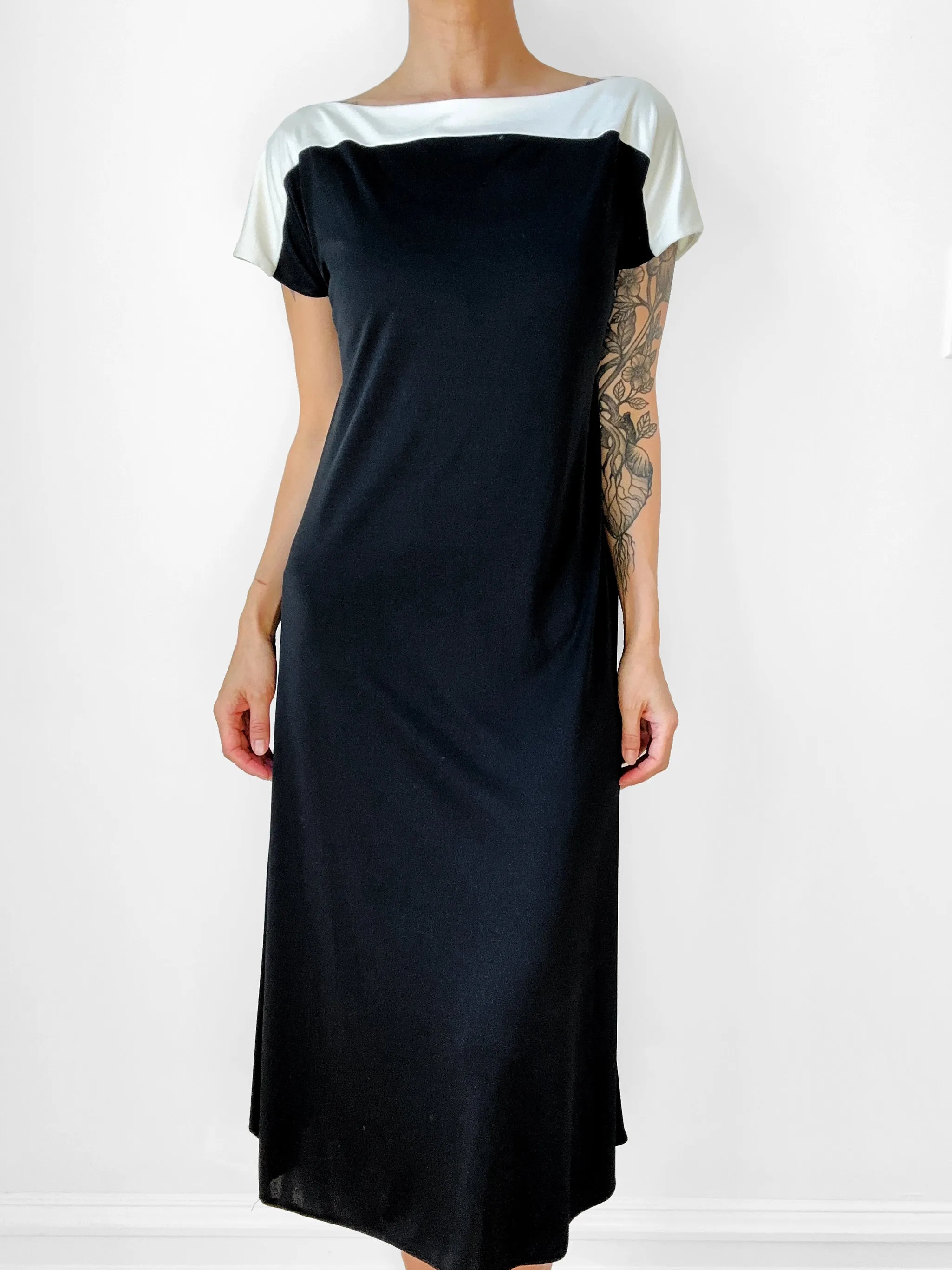 1980s Black and Cream Block Colour Minimalist Midi-Length Shift Dress Dress - S/M