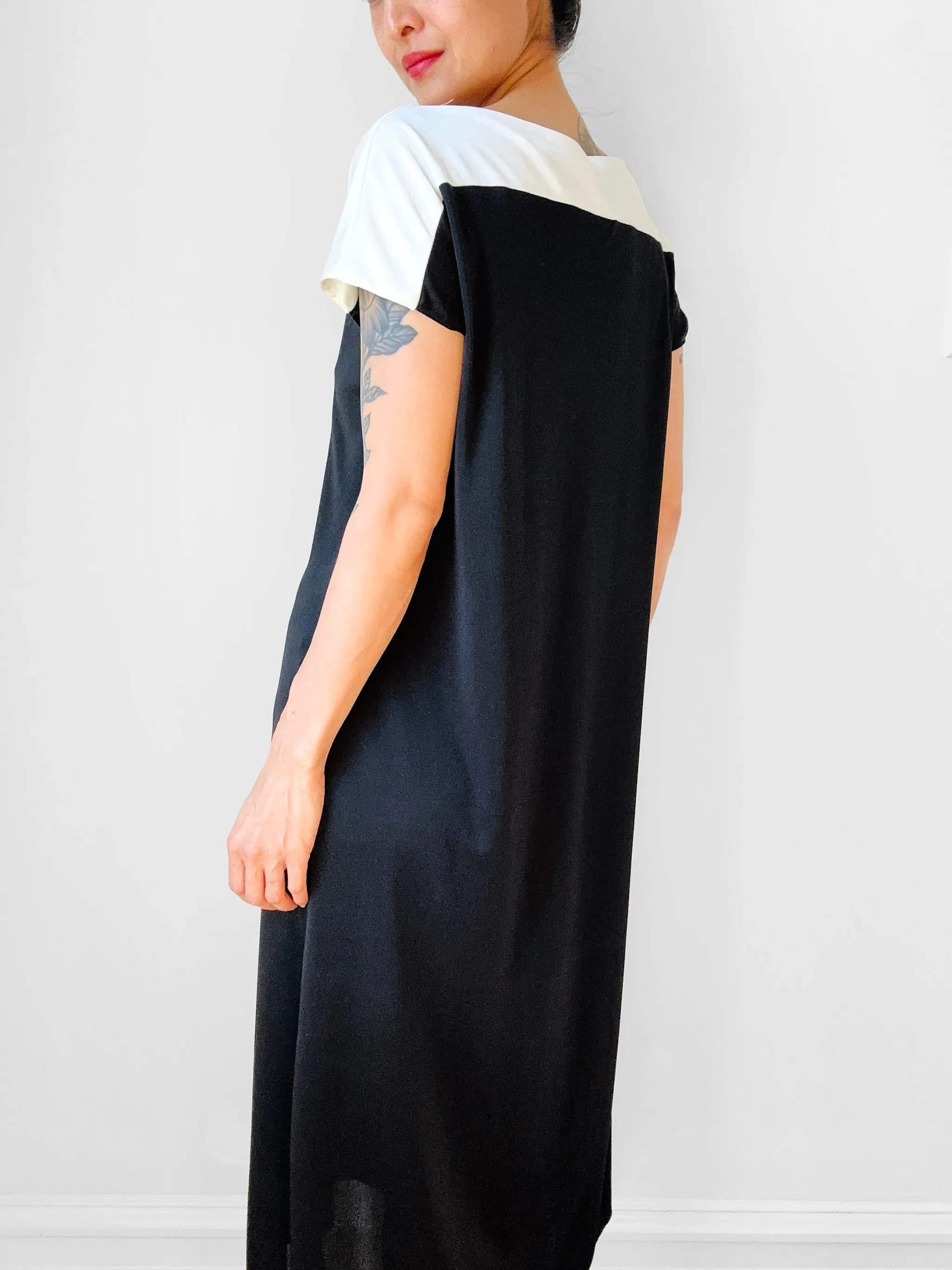 1980s Black and Cream Block Colour Minimalist Midi-Length Shift Dress Dress - S/M