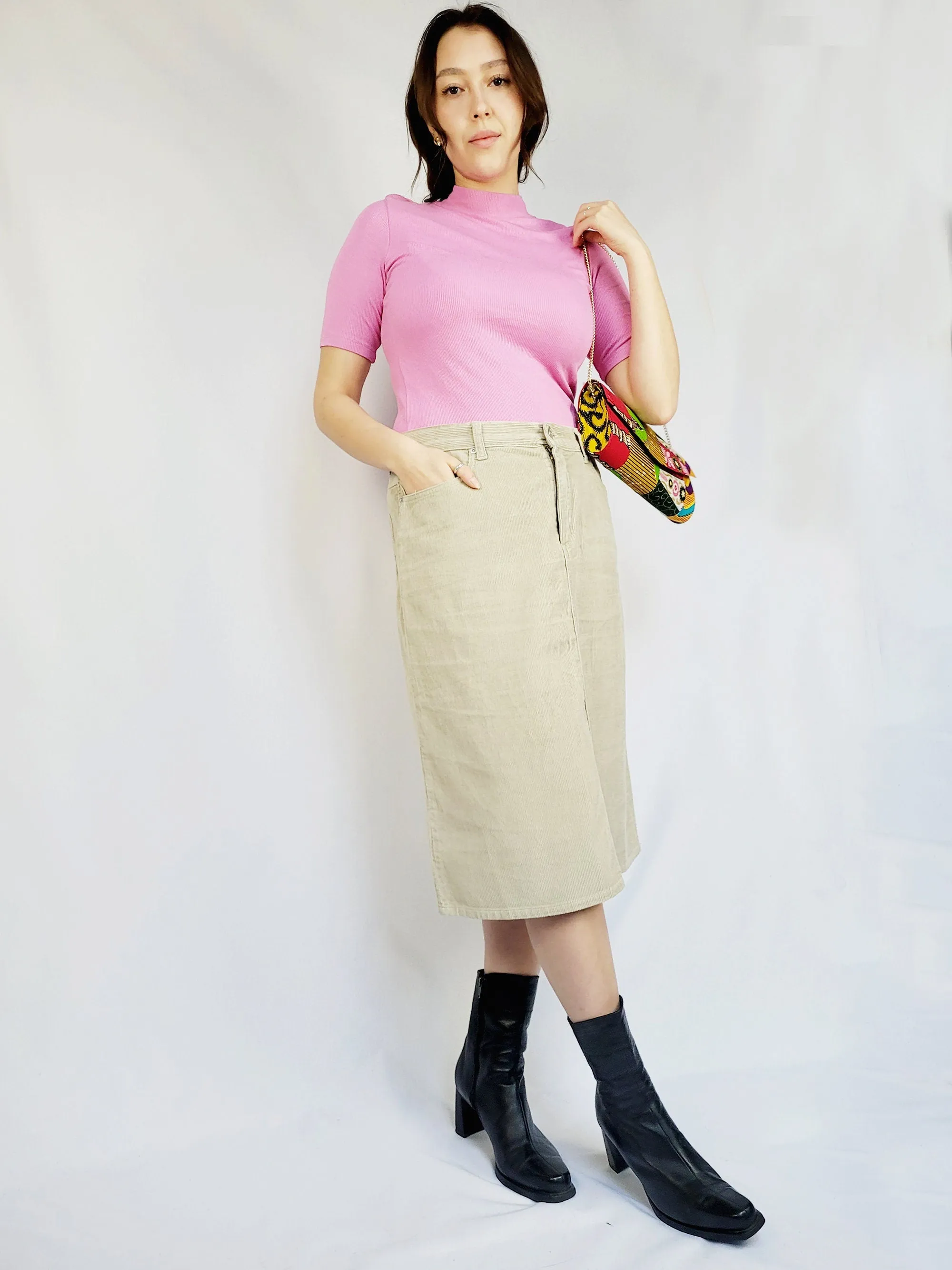 90s retro beige corduroy minimalist midi pencil skirt