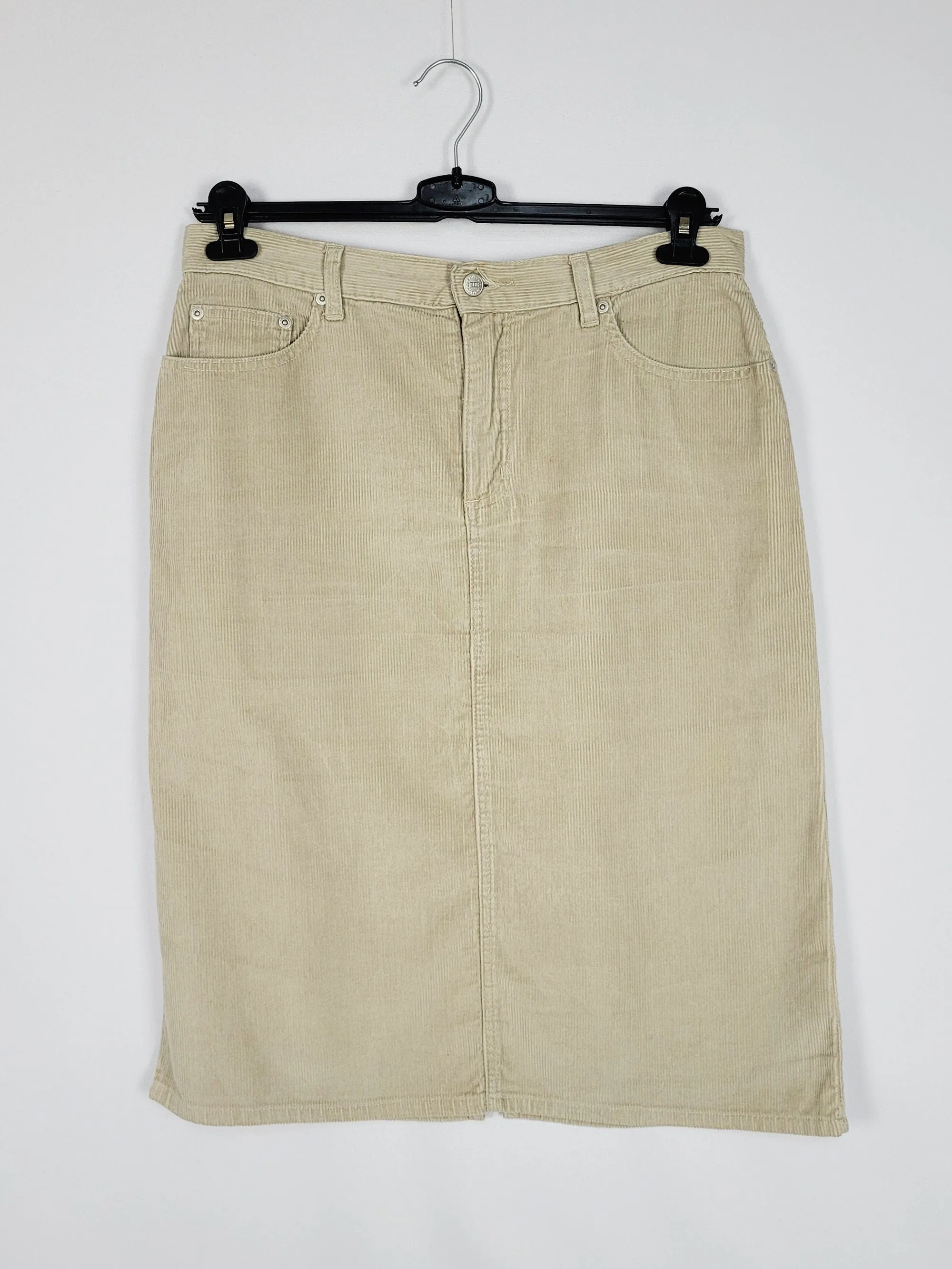 90s retro beige corduroy minimalist midi pencil skirt