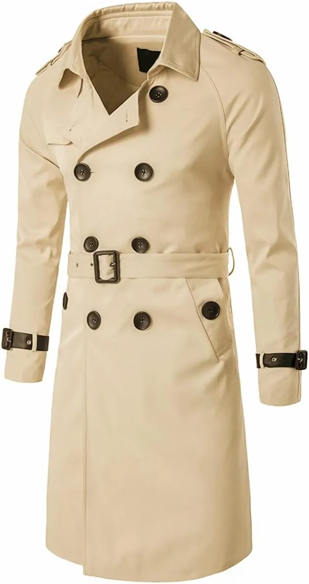 AOWOFS Men's Double Breasted Trench Coat Stylish Slim Fit Mid Long Belted Windbreaker