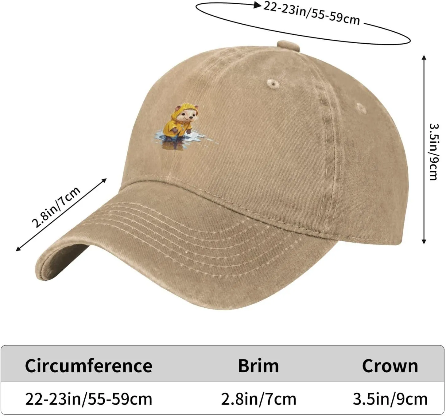 Black Little Hedgehog in Raincoat Picture Washed Cowboy Baseball Cap for Adults - Stylish and Breathable Hat