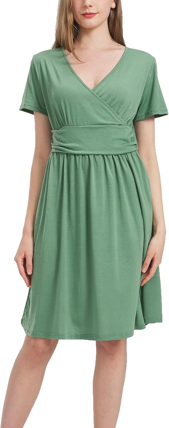 DaniChins Women's High Waist Short Sleeve Casual A-Line Swing Midi Dress with Pockets