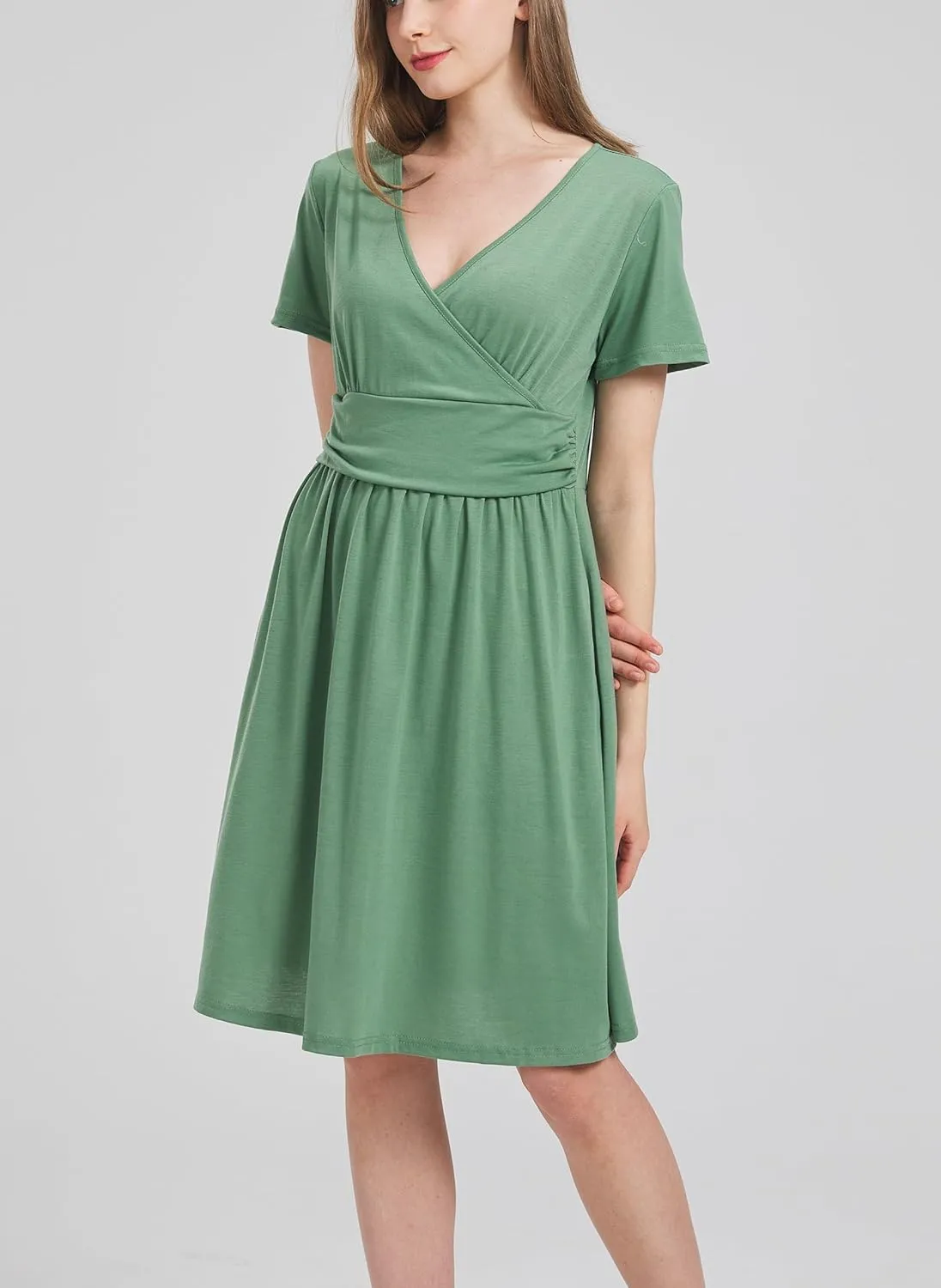 DaniChins Women's High Waist Short Sleeve Casual A-Line Swing Midi Dress with Pockets
