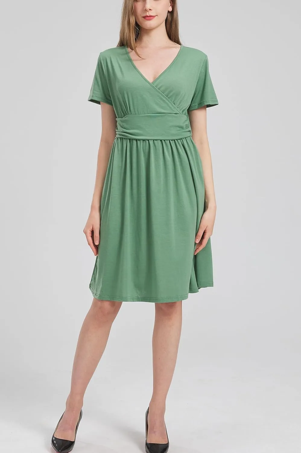 DaniChins Women's High Waist Short Sleeve Casual A-Line Swing Midi Dress with Pockets