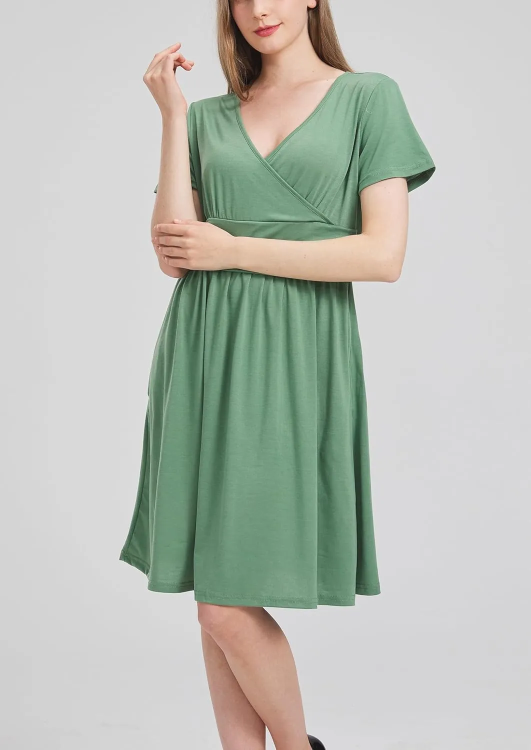DaniChins Women's High Waist Short Sleeve Casual A-Line Swing Midi Dress with Pockets