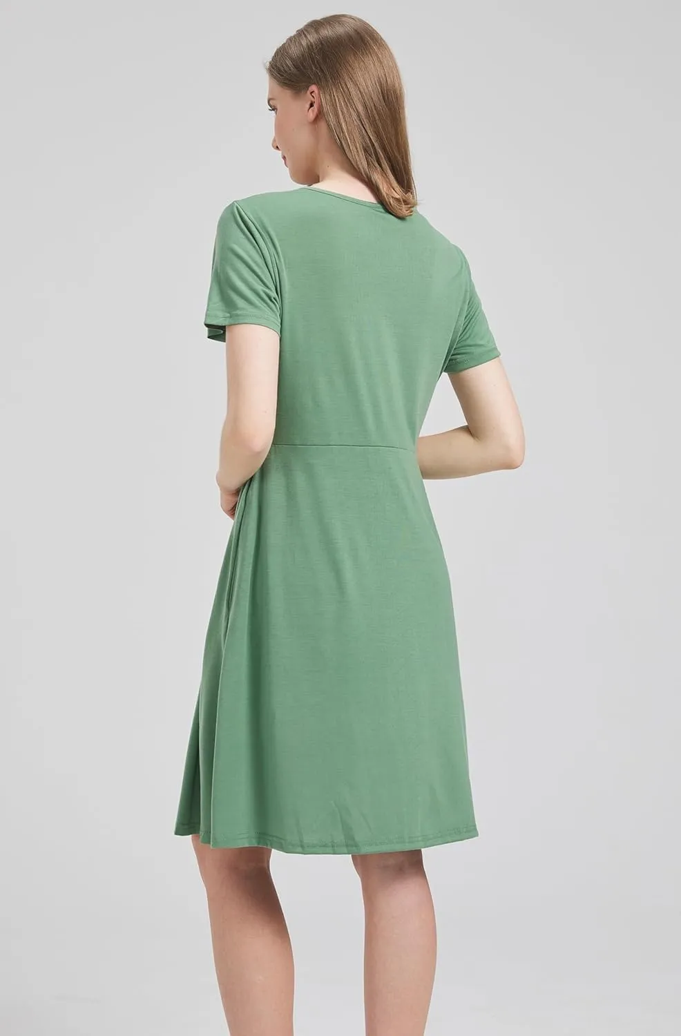 DaniChins Women's High Waist Short Sleeve Casual A-Line Swing Midi Dress with Pockets