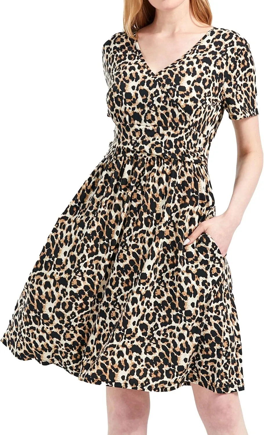 DaniChins Women's High Waist Short Sleeve Casual A-Line Swing Midi Dress with Pockets