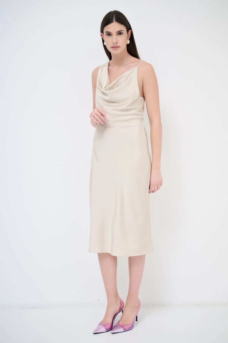 Draped cowl-neck midi dress wholesale