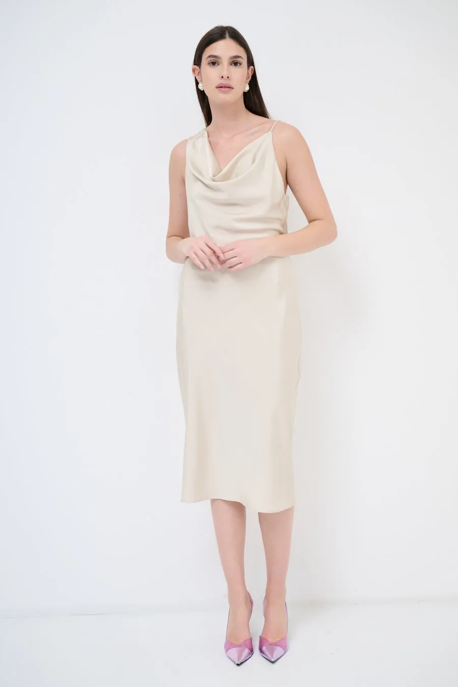 Draped cowl-neck midi dress wholesale