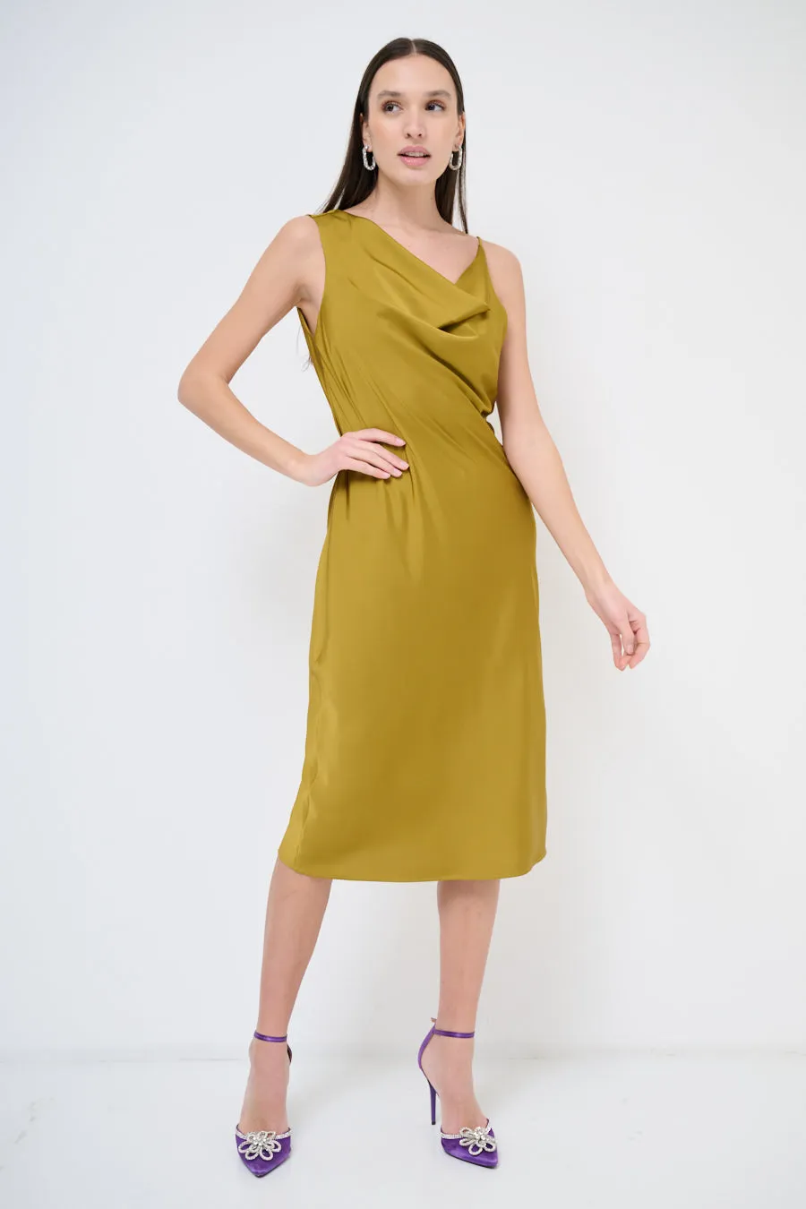 Draped cowl-neck midi dress wholesale