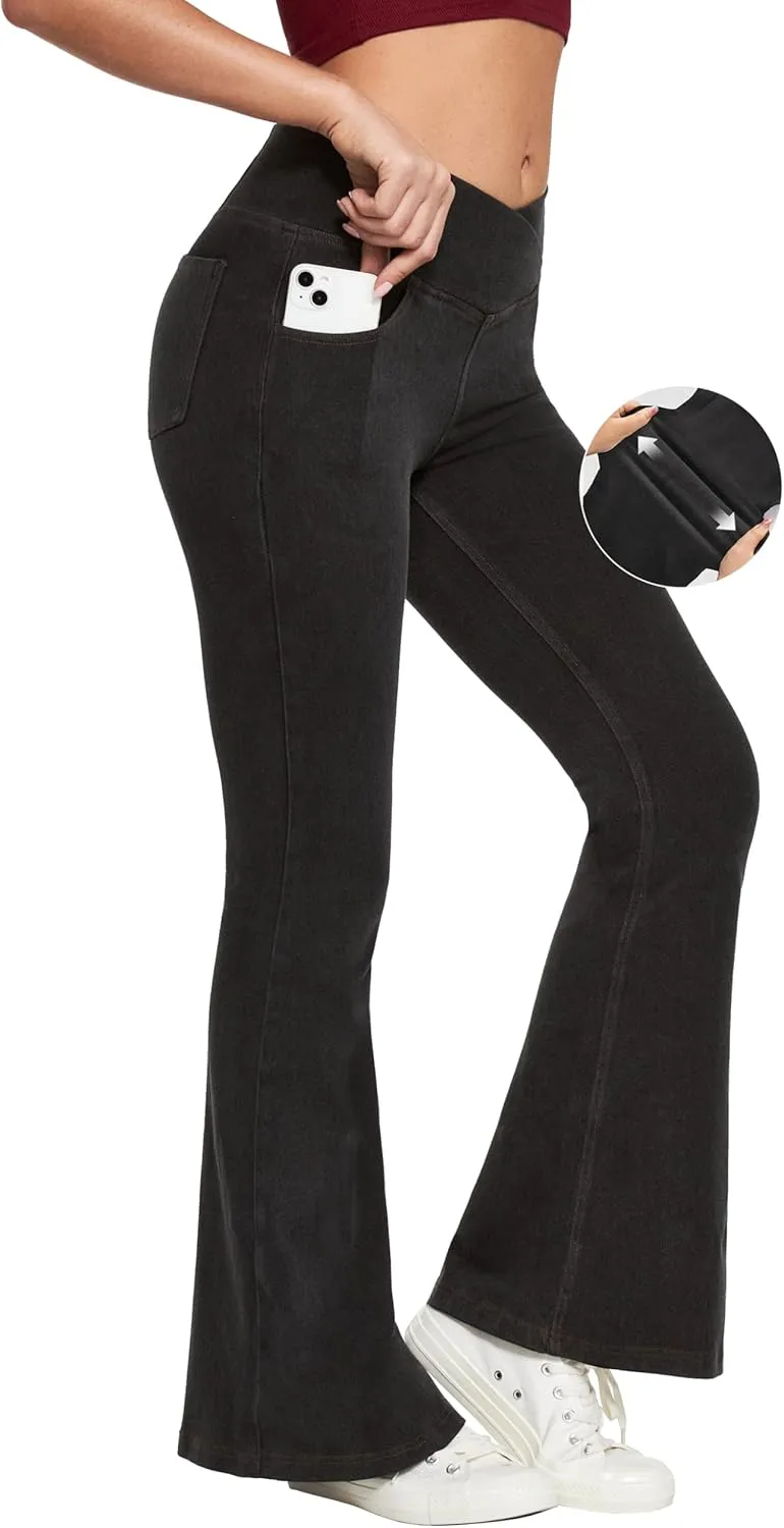 Ewedoos Flare Bell Bottom Jeans for Women Jeggings Tummy Control High Waisted Stretchy Crossover Pull On Jeans