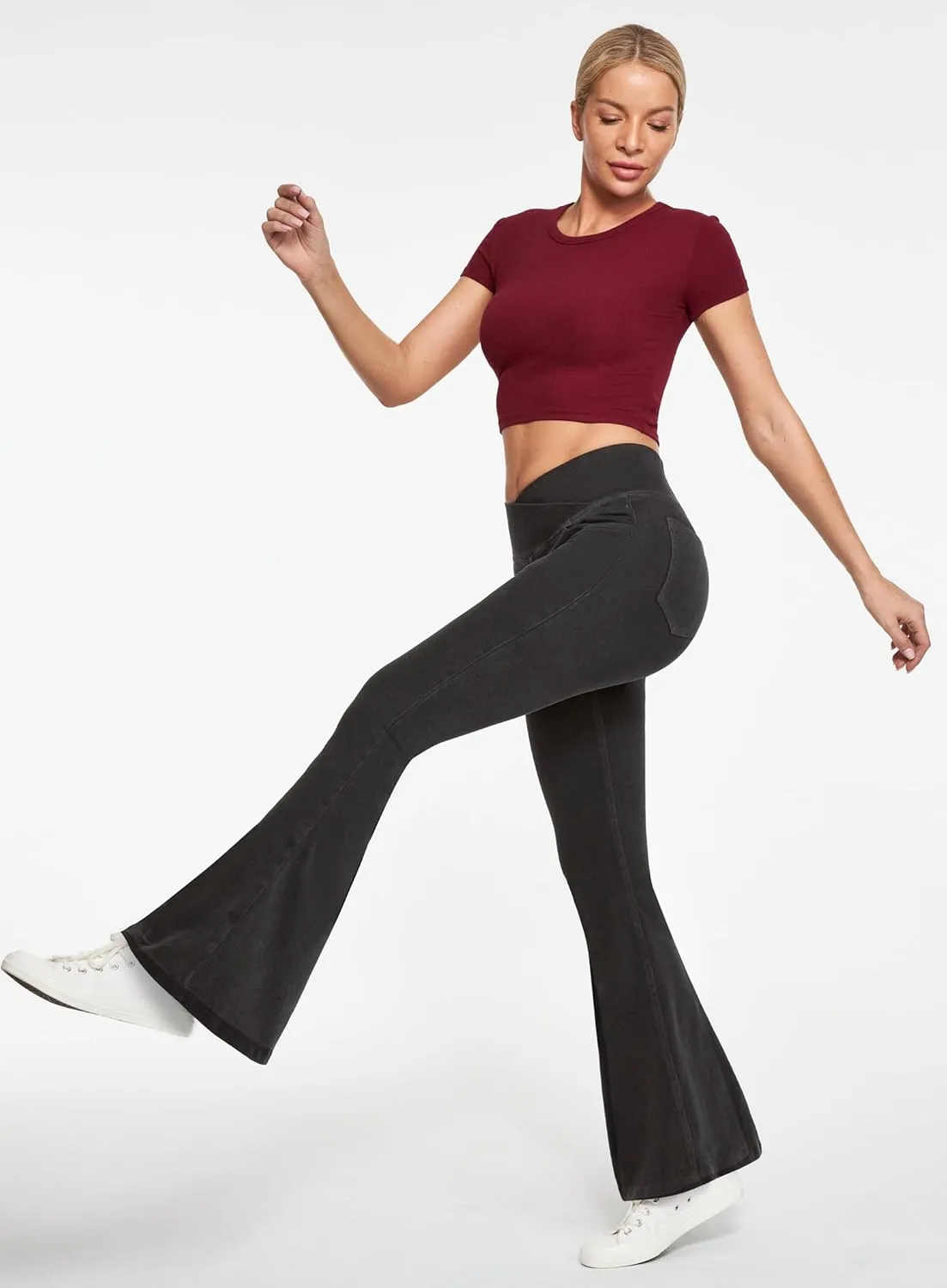 Ewedoos Flare Bell Bottom Jeans for Women Jeggings Tummy Control High Waisted Stretchy Crossover Pull On Jeans