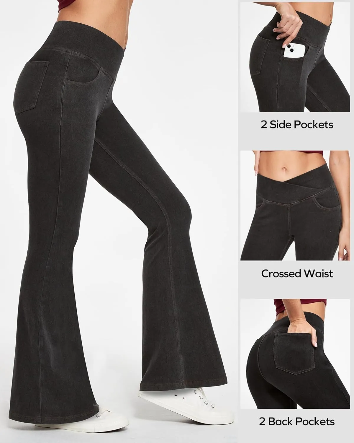 Ewedoos Flare Bell Bottom Jeans for Women Jeggings Tummy Control High Waisted Stretchy Crossover Pull On Jeans