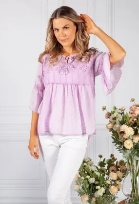 Faded Lilac Linen Look Blouse with Embroidered Detailing