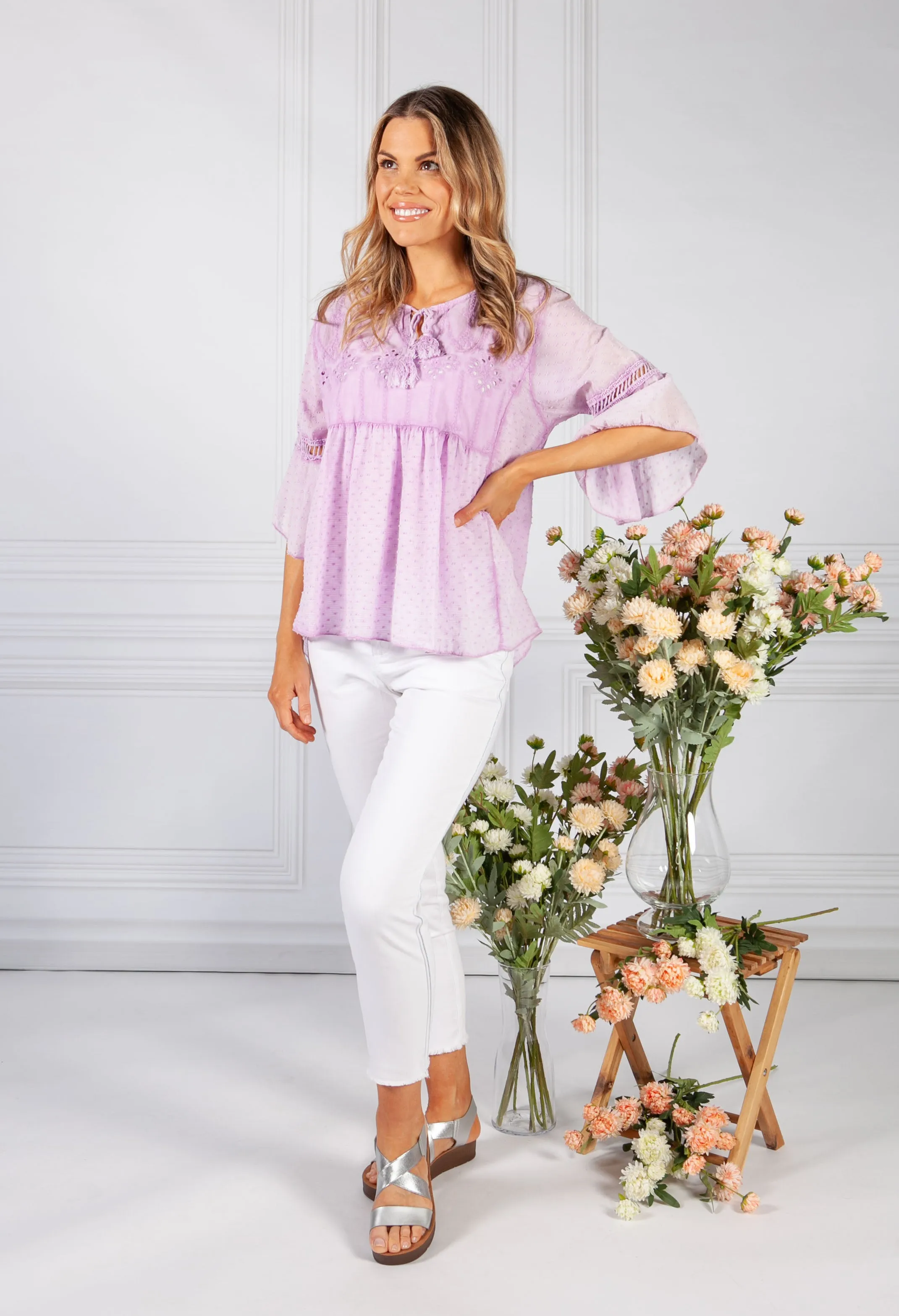 Faded Lilac Linen Look Blouse with Embroidered Detailing