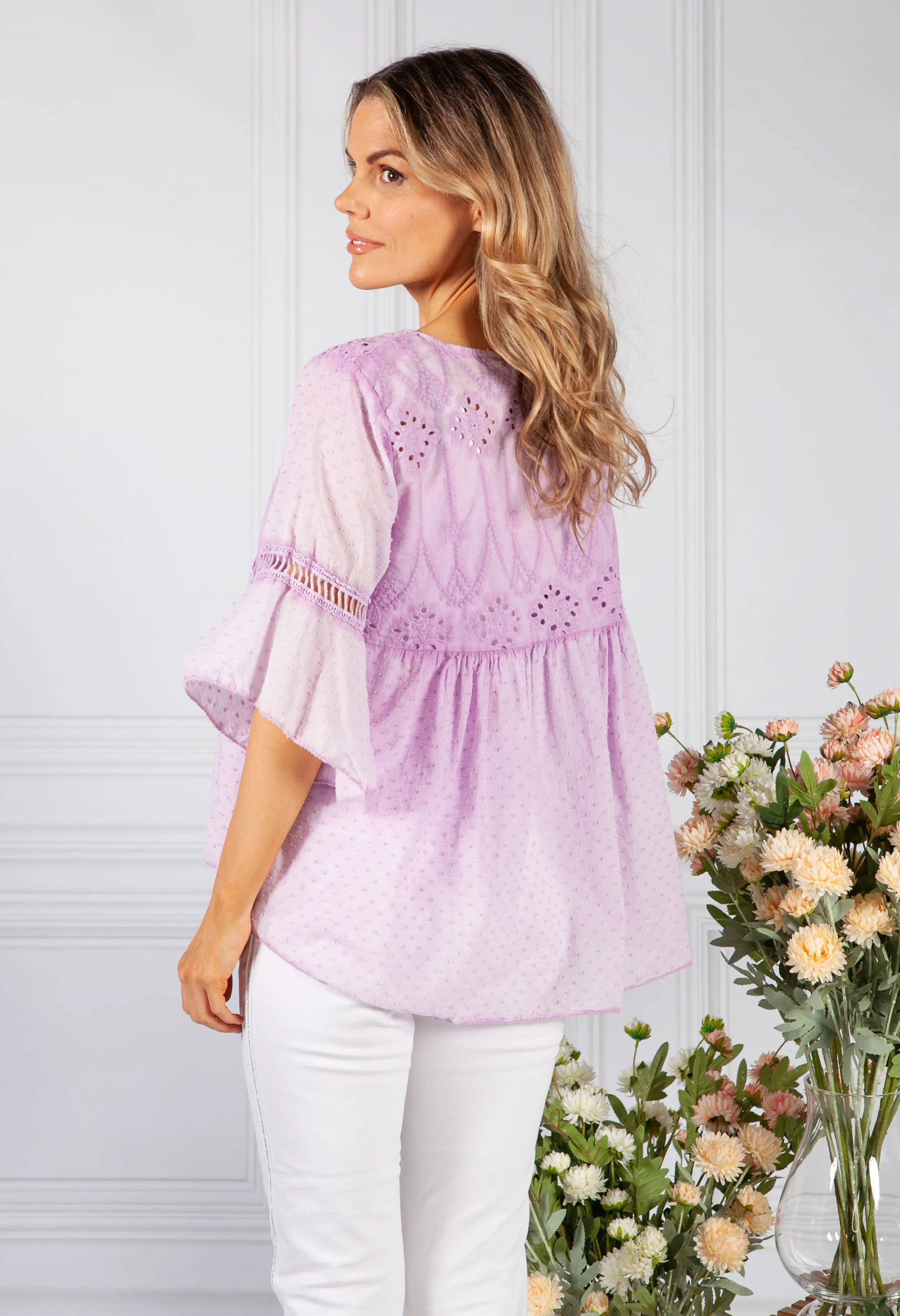 Faded Lilac Linen Look Blouse with Embroidered Detailing