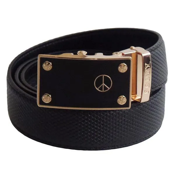 FEDEY Mens Classic Ratchet Leather Belt w PEACE Statement Buckle
