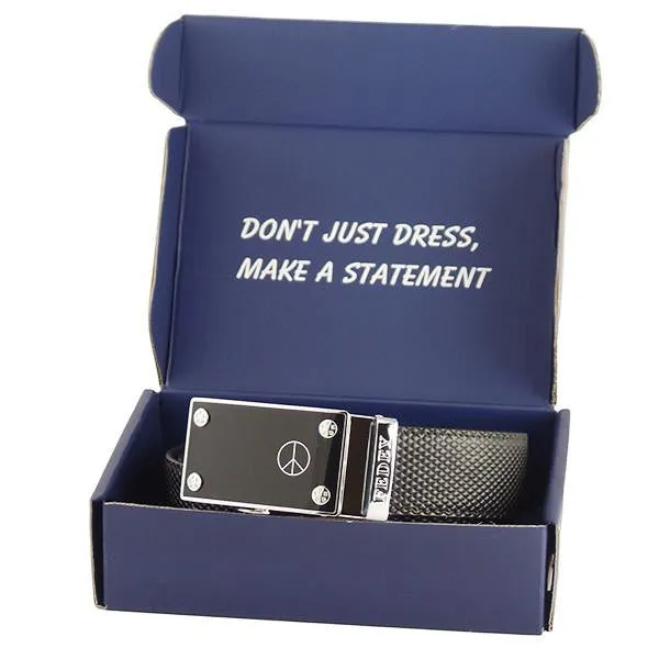 FEDEY Mens Classic Ratchet Leather Belt w PEACE Statement Buckle