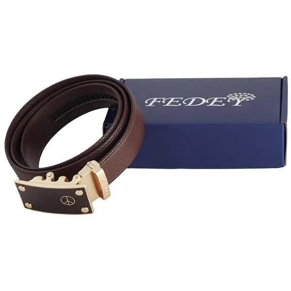 FEDEY Mens Classic Ratchet Leather Belt w PEACE Statement Buckle