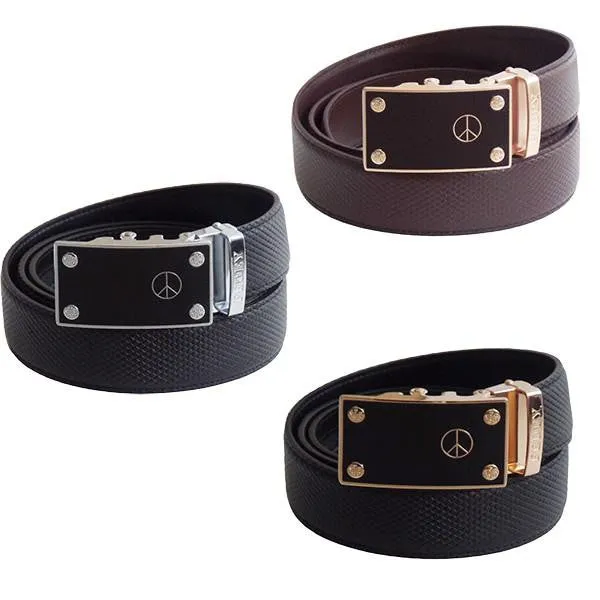 FEDEY Mens Classic Ratchet Leather Belt w PEACE Statement Buckle