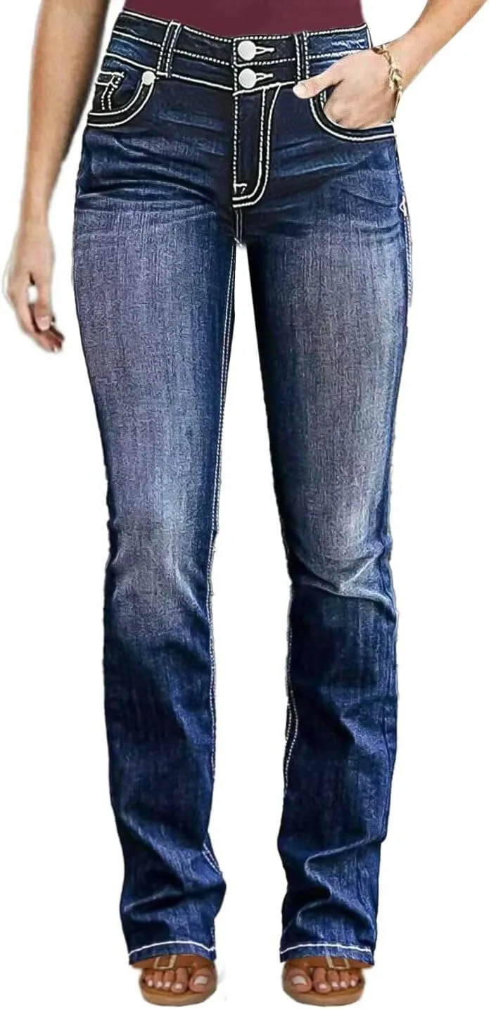 Flamingals Butt Lifting Bootcut Jeans Straight Leg Stretchy Curvy Tummy Control Double Button Denim Jeans