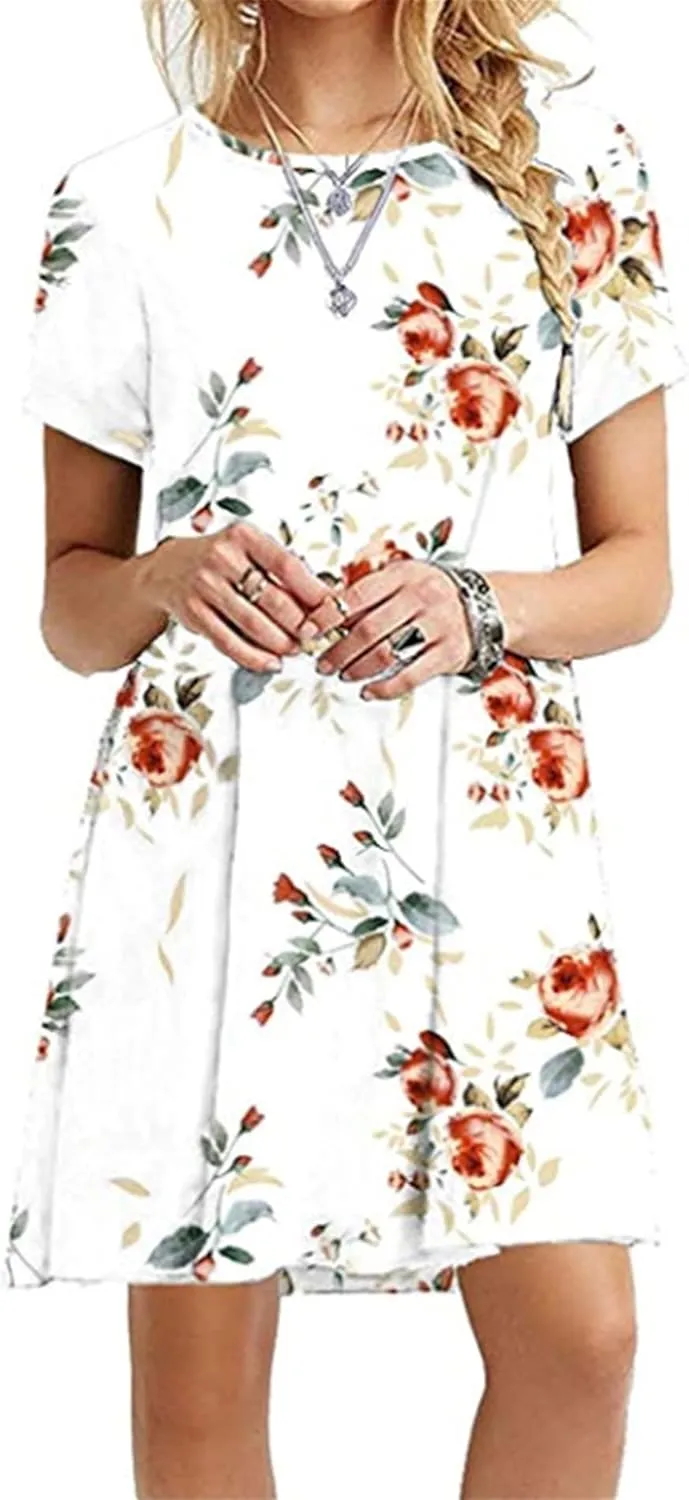FLITAY Womens Casual Floral Simple Dress Loose Tunic T-Shirt Dress Summer Beach Flowy Dress