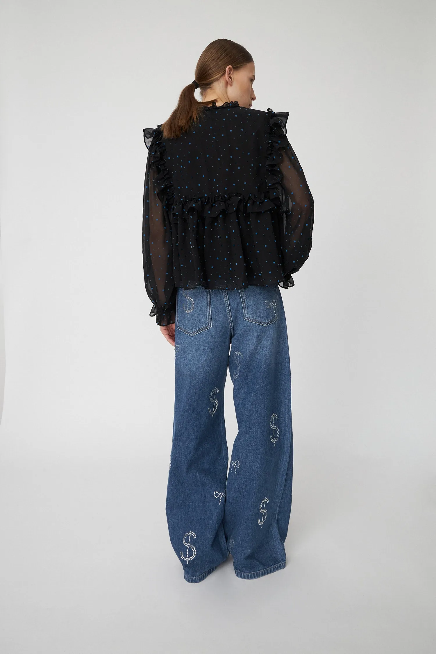 Flock Printed Flounce Blouse - Black/Blue