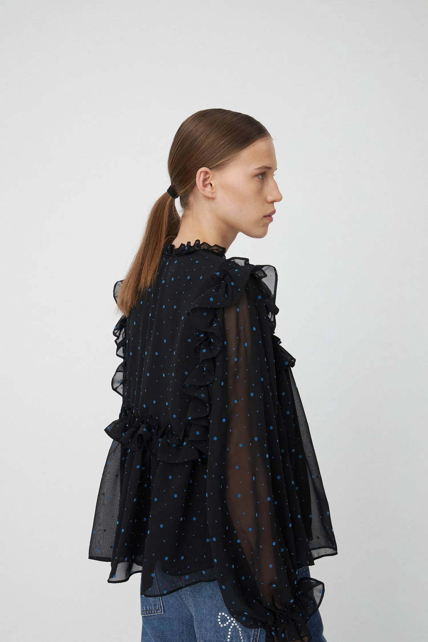 Flock Printed Flounce Blouse - Black/Blue