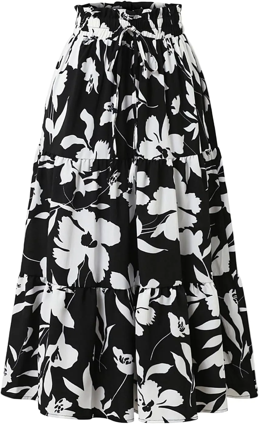 Floral Skirts for Women Swing Beach Flutter Travel Elastic Waist Going Out Smocked Country Casual Vacation Cute Skirts