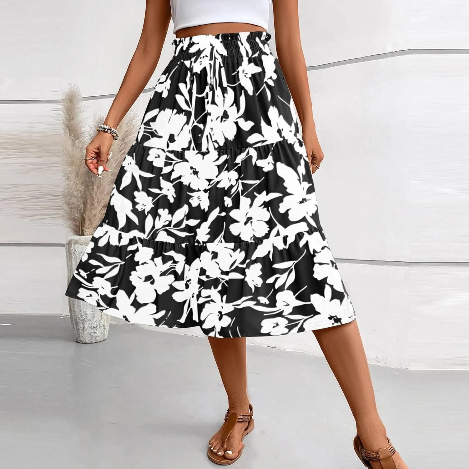Floral Skirts for Women Swing Beach Flutter Travel Elastic Waist Going Out Smocked Country Casual Vacation Cute Skirts