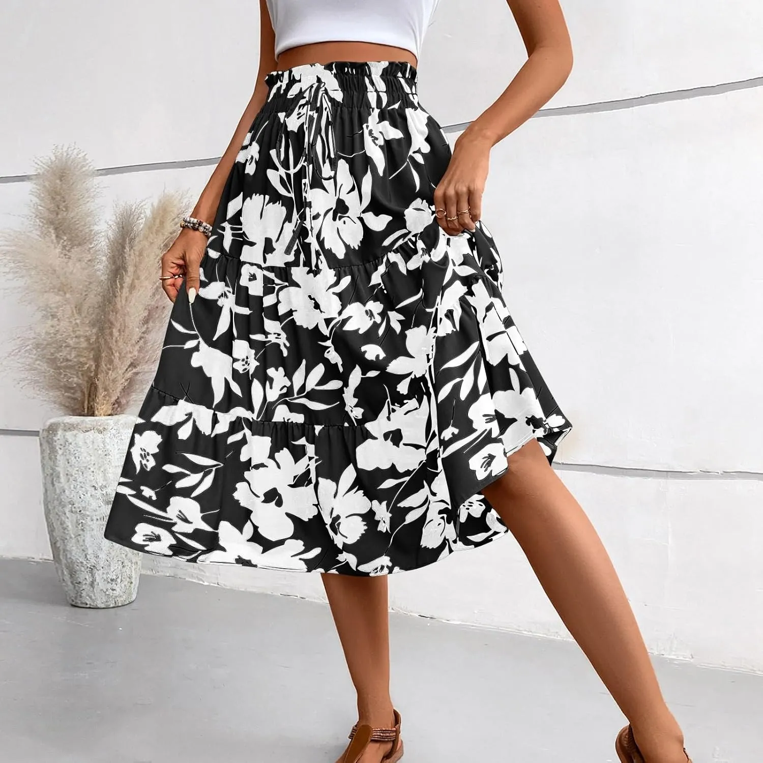 Floral Skirts for Women Swing Beach Flutter Travel Elastic Waist Going Out Smocked Country Casual Vacation Cute Skirts