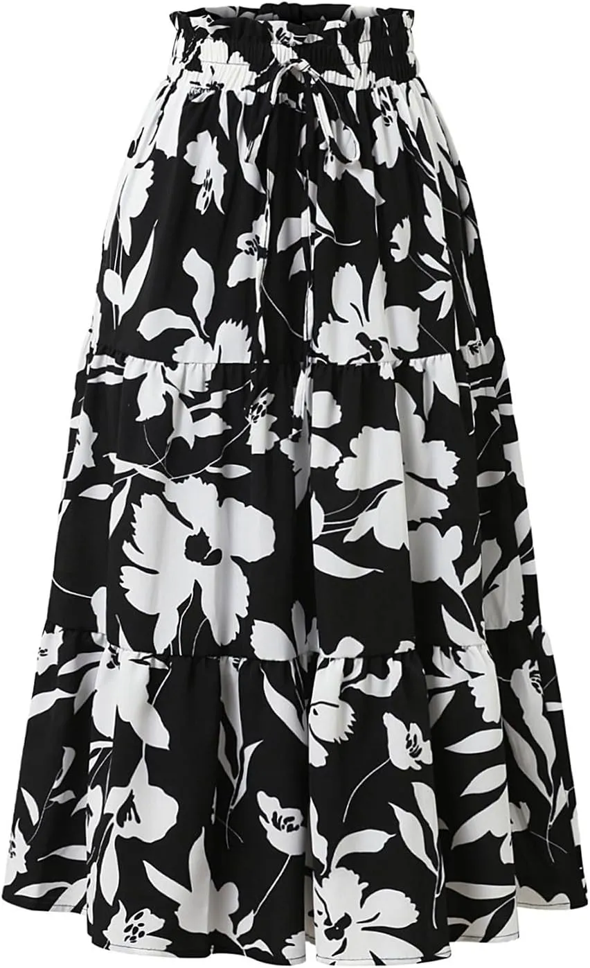 Floral Skirts for Women Swing Beach Flutter Travel Elastic Waist Going Out Smocked Country Casual Vacation Cute Skirts
