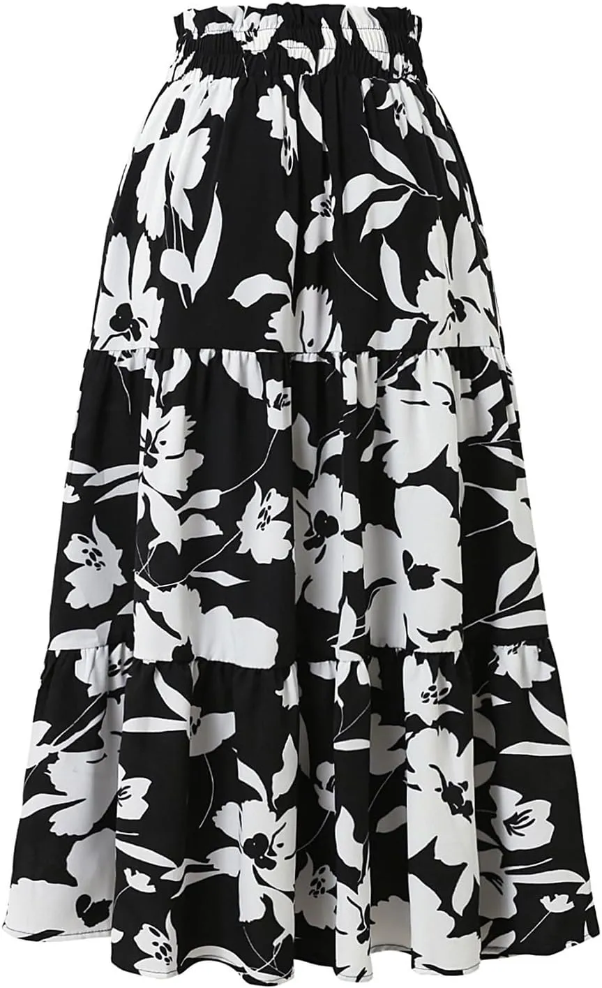 Floral Skirts for Women Swing Beach Flutter Travel Elastic Waist Going Out Smocked Country Casual Vacation Cute Skirts