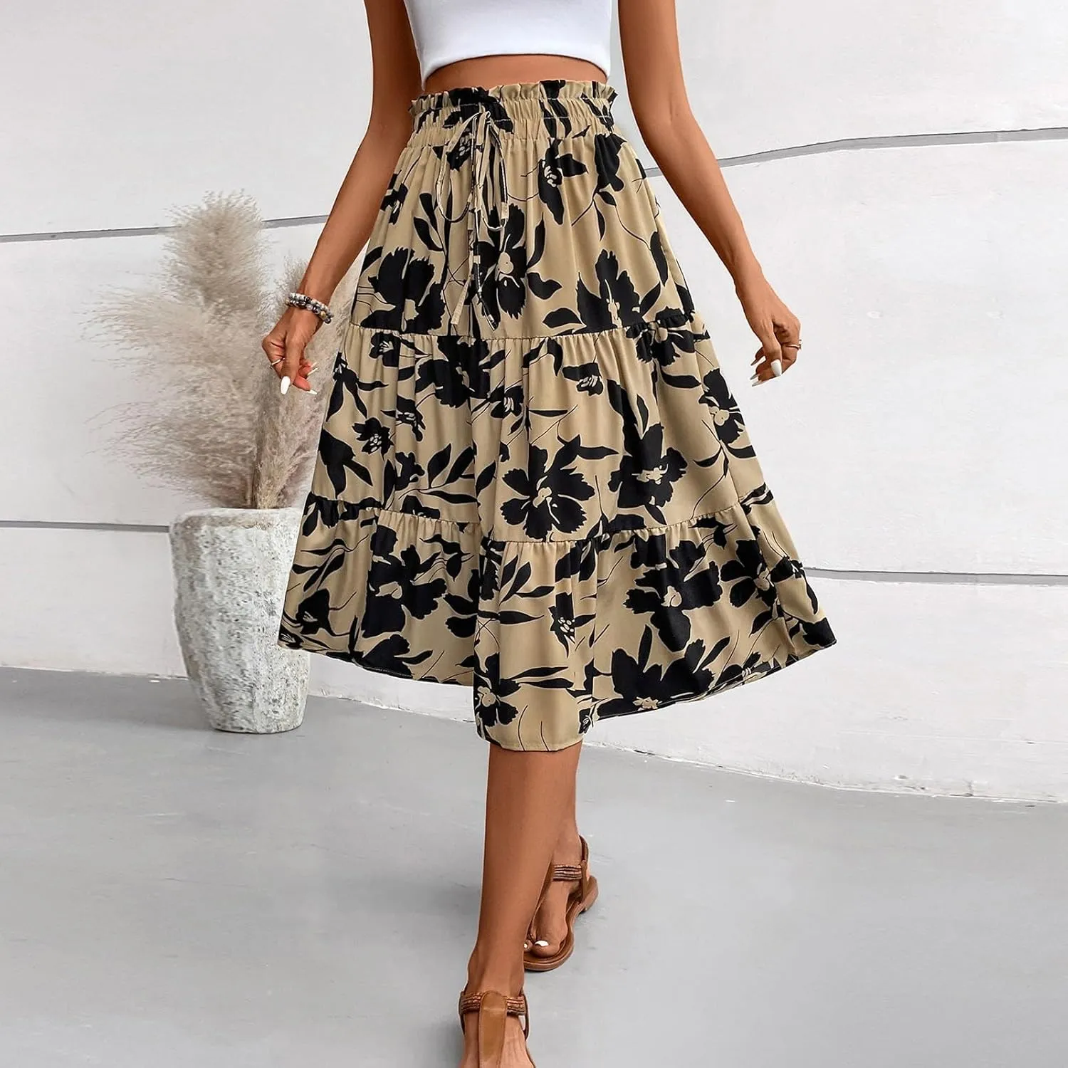 Floral Skirts for Women Swing Beach Flutter Travel Elastic Waist Going Out Smocked Country Casual Vacation Cute Skirts