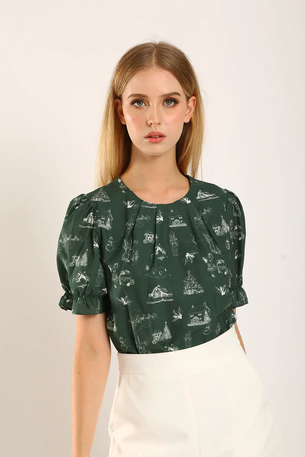 Geia Holiday-Inspired Blouse with Forest Green