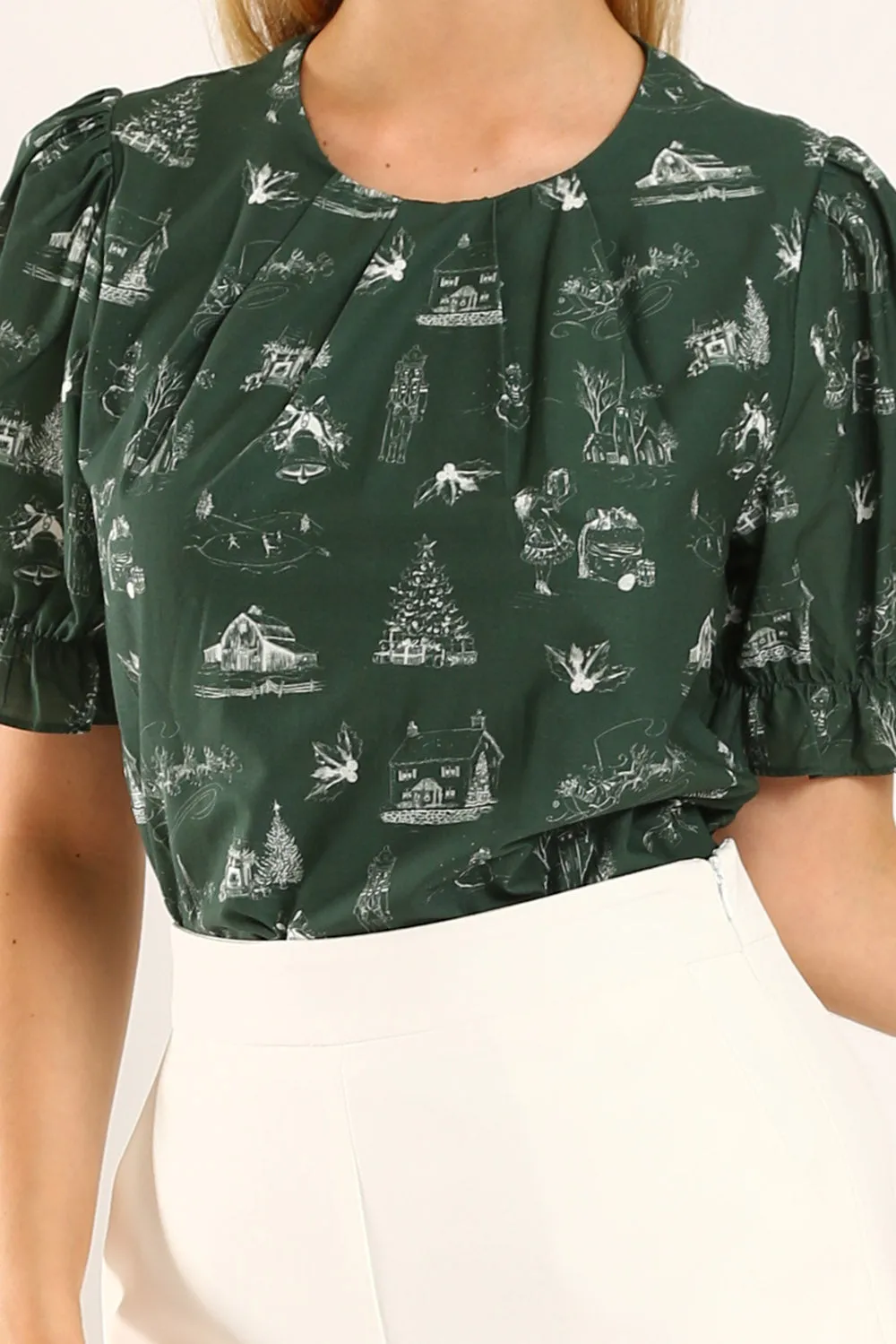 Geia Holiday-Inspired Blouse with Forest Green