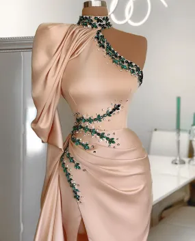 Hailey High NecK One Sleeve Pink   Evening Dress