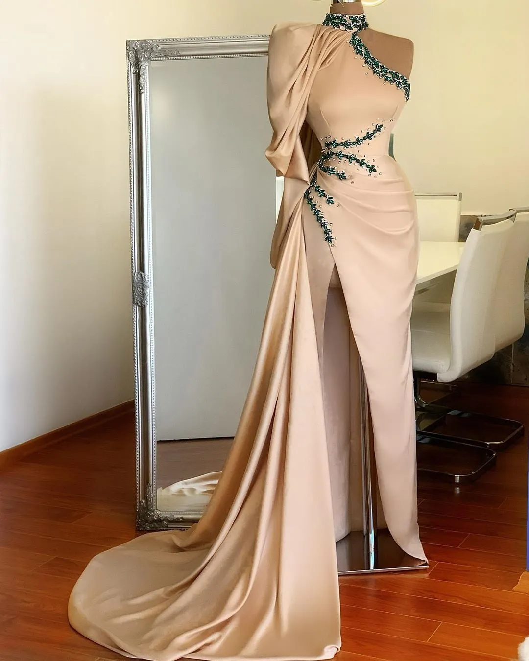 Hailey High NecK One Sleeve Pink   Evening Dress
