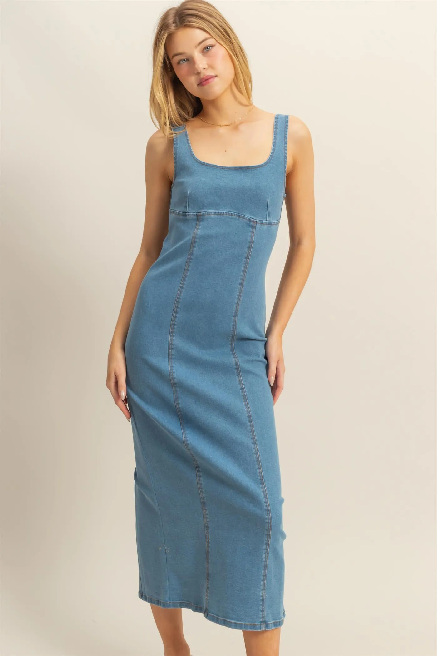 HF25C203-Washed Denim Bodycon Midi Dress