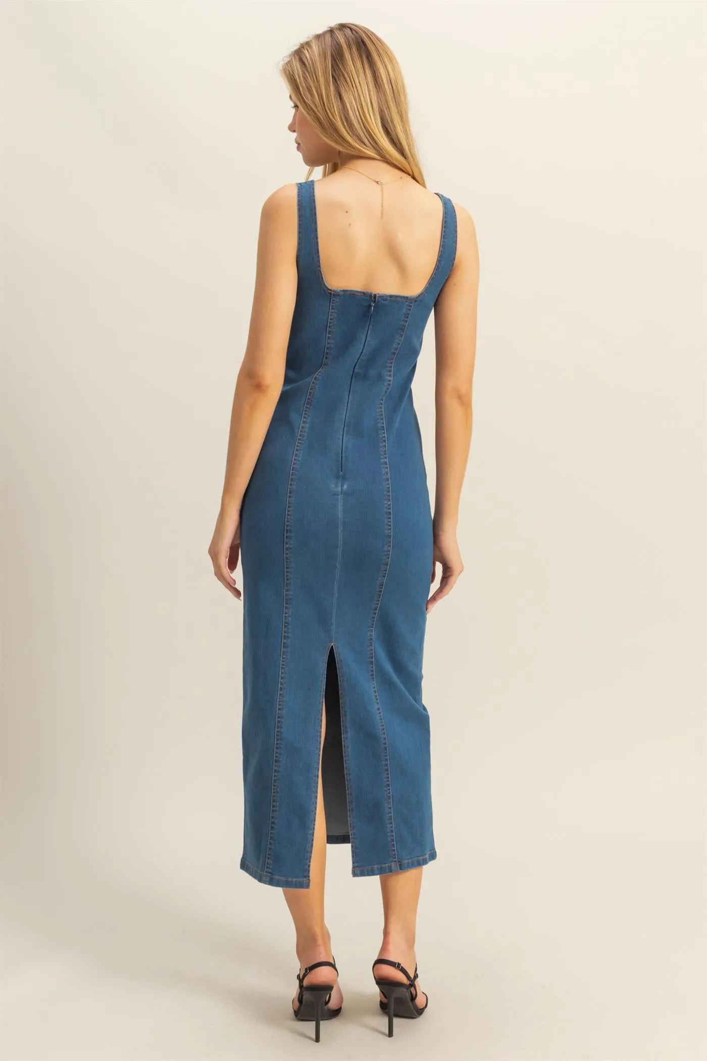 HF25C203-Washed Denim Bodycon Midi Dress
