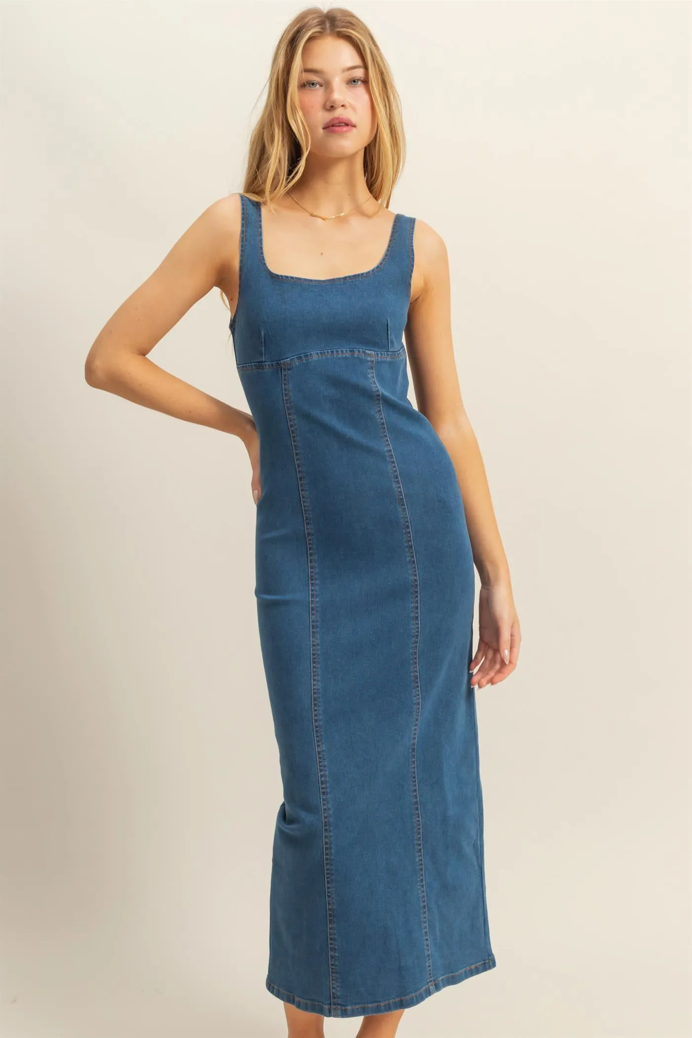 HF25C203-Washed Denim Bodycon Midi Dress