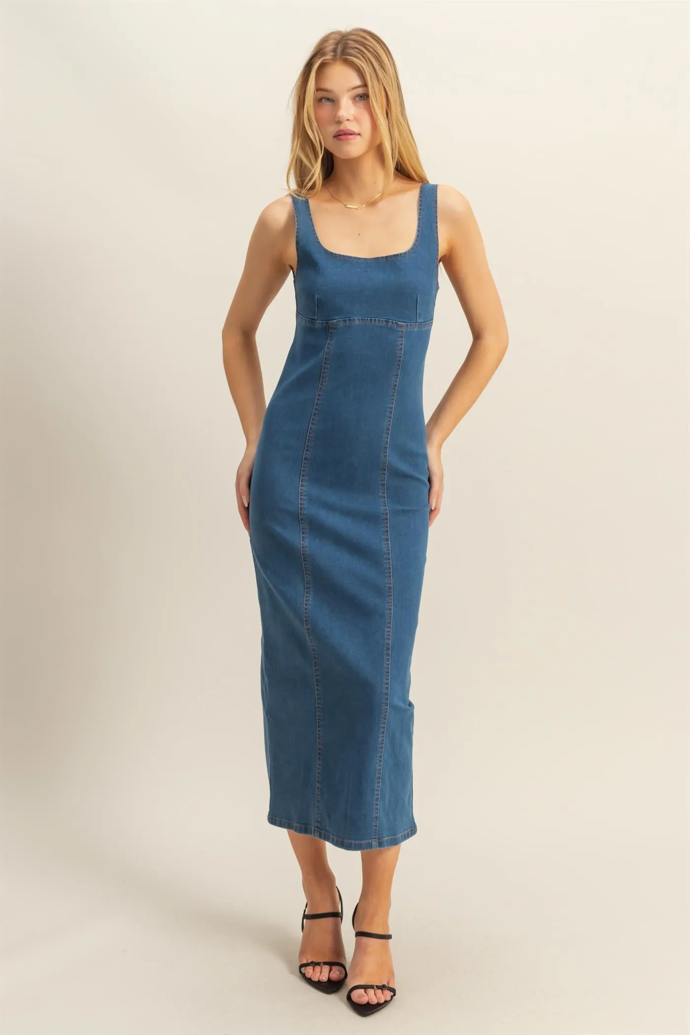 HF25C203-Washed Denim Bodycon Midi Dress