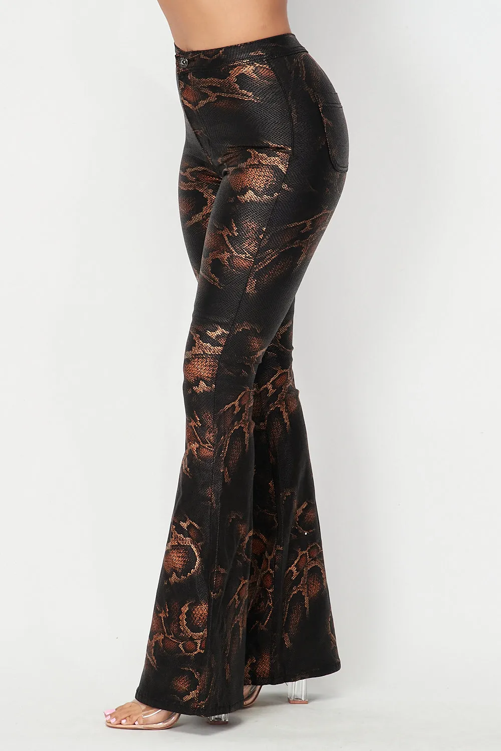 High Waisted Stretchy Bell Bottom Jeans - Snake Print