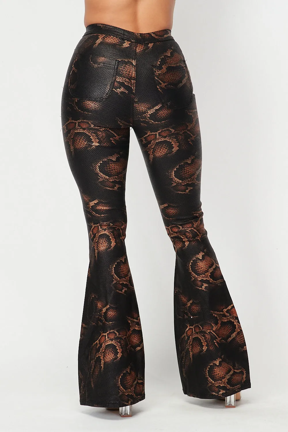 High Waisted Stretchy Bell Bottom Jeans - Snake Print