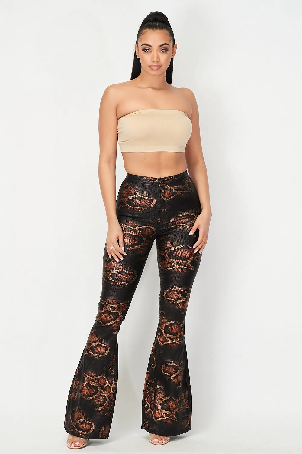 High Waisted Stretchy Bell Bottom Jeans - Snake Print