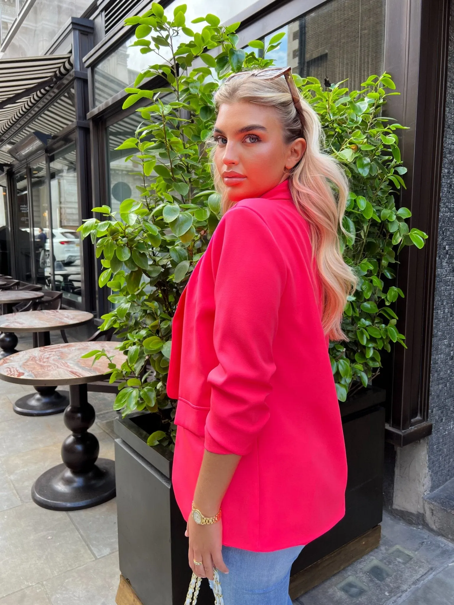Hot Pink Ruched Arm Blazer
