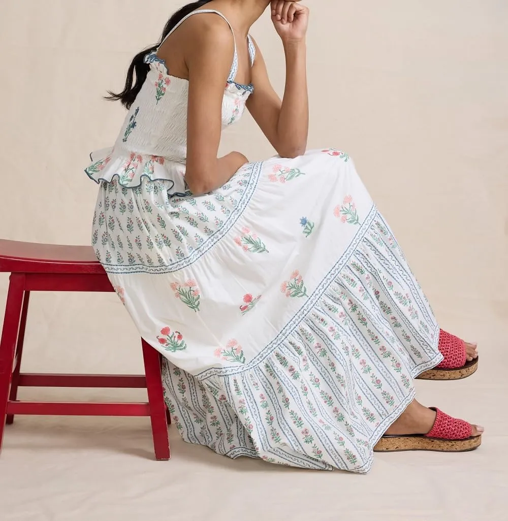 Juakoso Women Boho Tie Shoulder Floral Dress Y2k Sleeveless Smocked Ruffle Maxi Dress Backless Flowy Long Dress Outfits