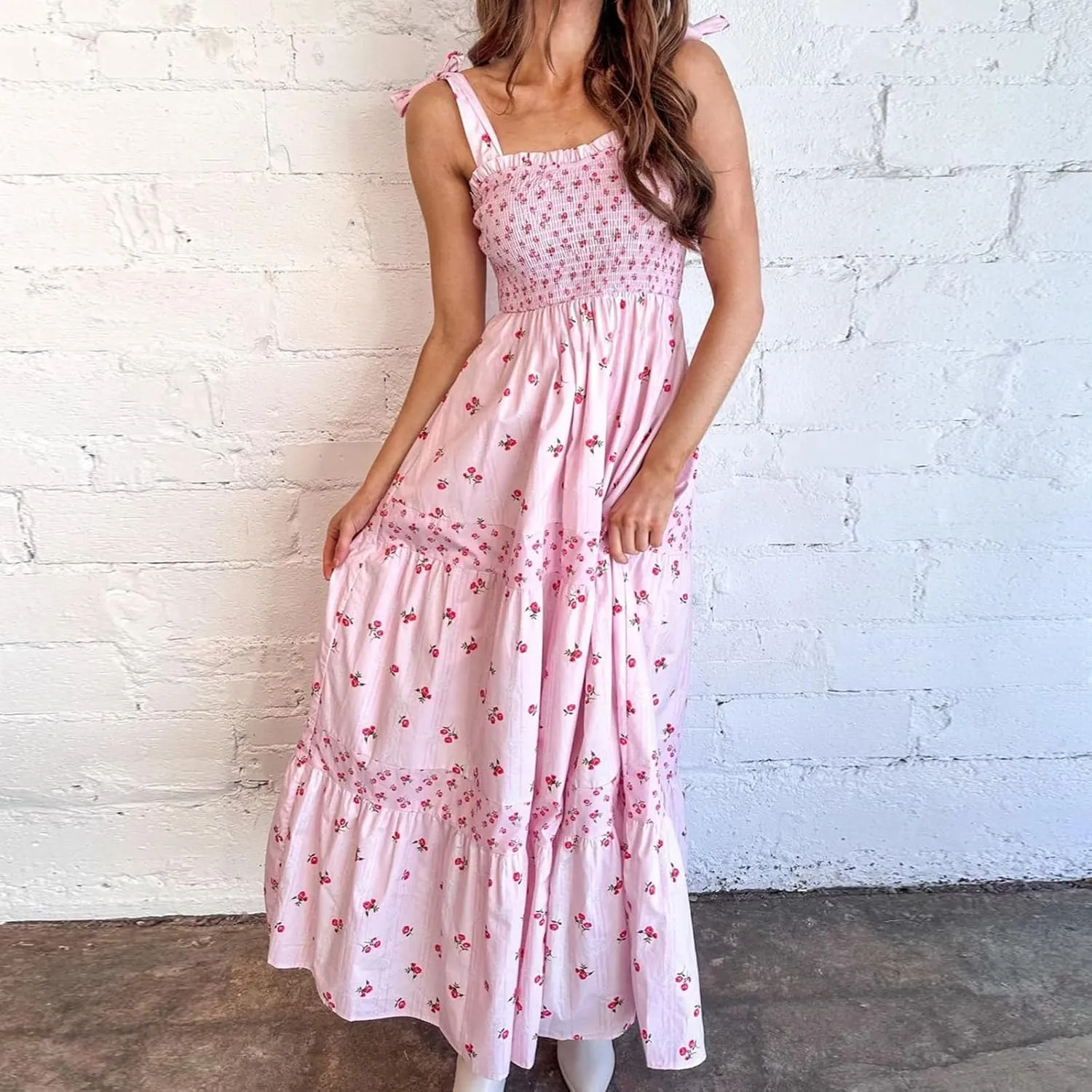 Juakoso Women Boho Tie Shoulder Floral Dress Y2k Sleeveless Smocked Ruffle Maxi Dress Backless Flowy Long Dress Outfits