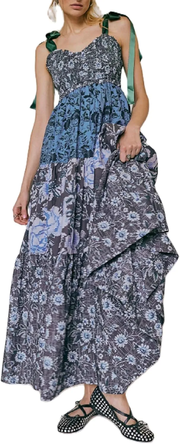 Juakoso Women Boho Tie Shoulder Floral Dress Y2k Sleeveless Smocked Ruffle Maxi Dress Backless Flowy Long Dress Outfits